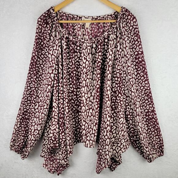 Michael Kors Large Top Long Sleeves Pullover Asymmetric Burgundy Ivory - Picture 1 of 9